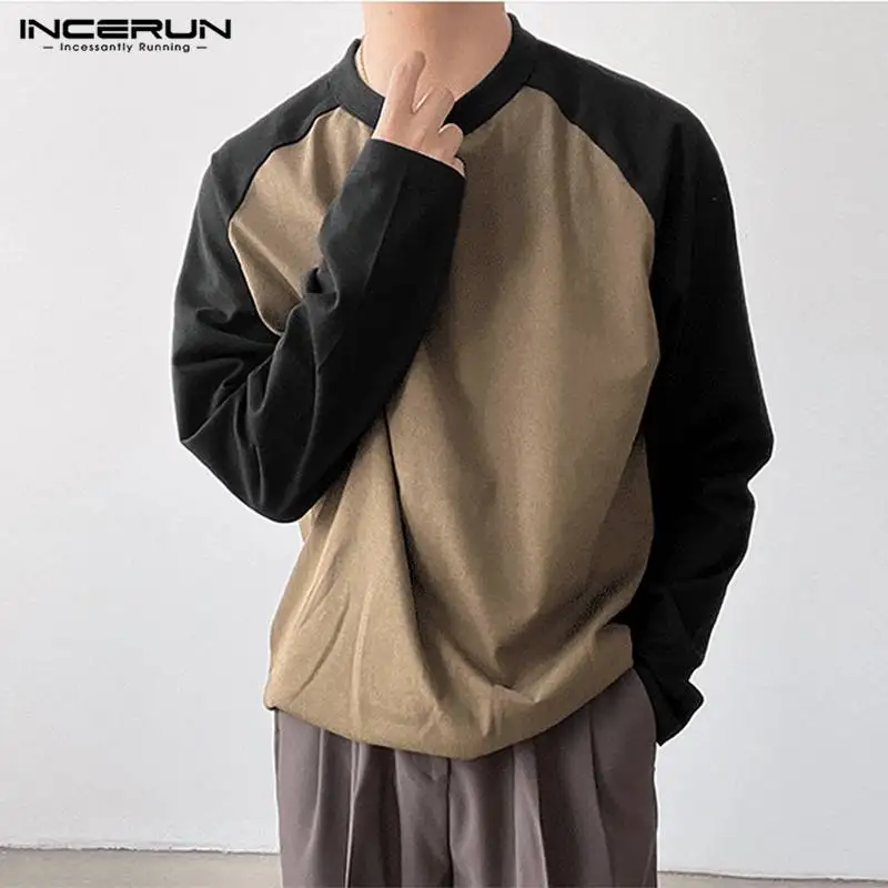 

Футболка INCERUN мужская с круглым вырезом, Повседневная Уличная одежда в стиле пэчворк, с длинным рукавом, свободная корейский стиль, топ для о...