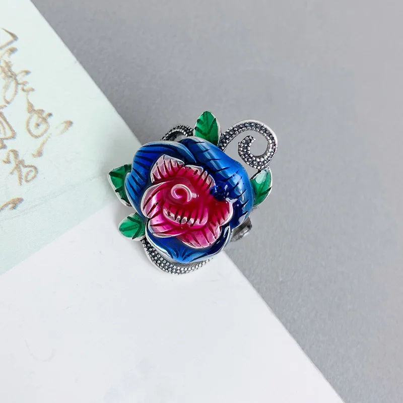 

925 Sterling Silver Enamel Peony Ring for Women Ethnic Vintage Colorful Flower Wide Ring Opening Adjustable Retro Jewelry JZ120