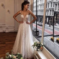 sexy glitter sleeveless wedding dress 2022 v neck illusion a line bridal gown court train robe de mari%c3%a9e ribbons with soft tulle