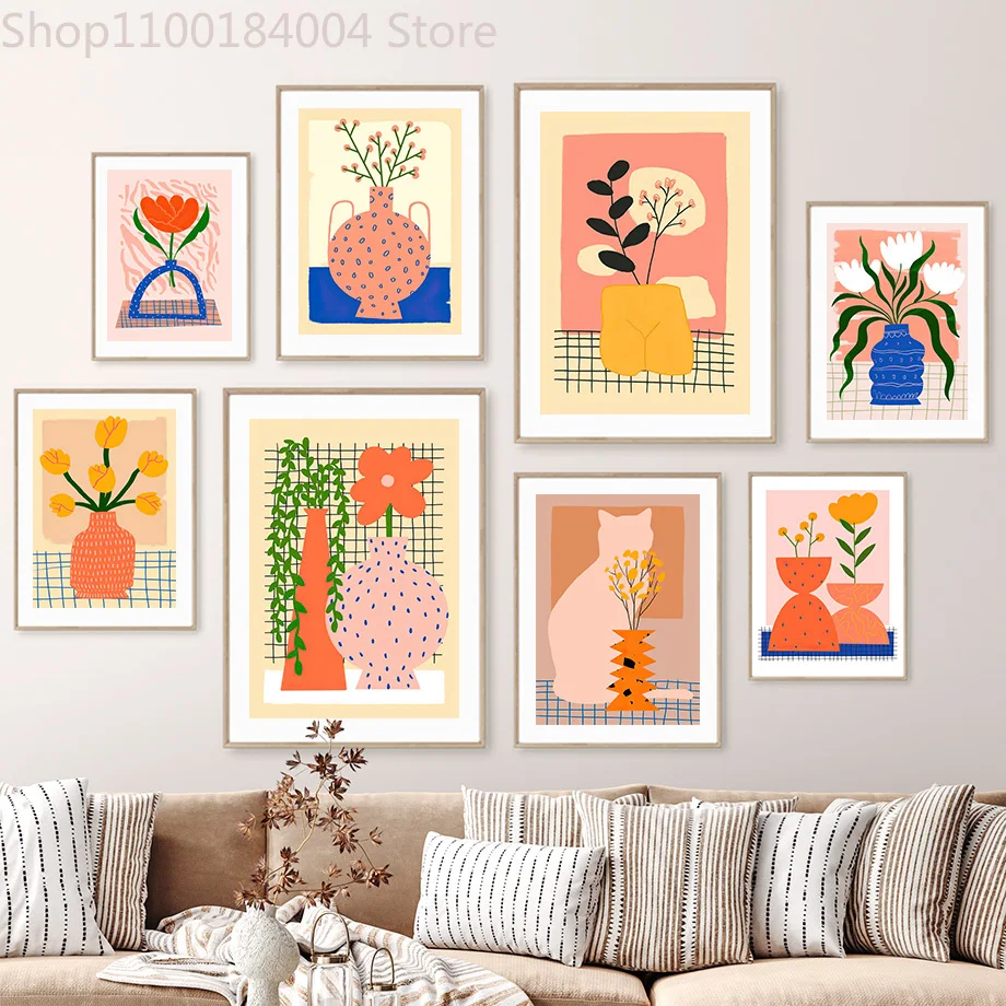 

Color Flower Vase Cat Silhouette Wall Art Canvas Nordic Posters And Prints Abstract PaintingWall Pictures For Living Room Decor