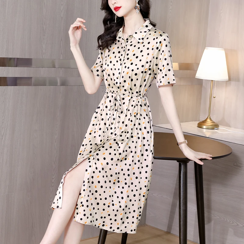 

Fashion Women Polka Dot Silk Midi Dress 2022 New Summer Loose Tight Over Knee Long Dress Casual Party Elegant Skirt Vestidos