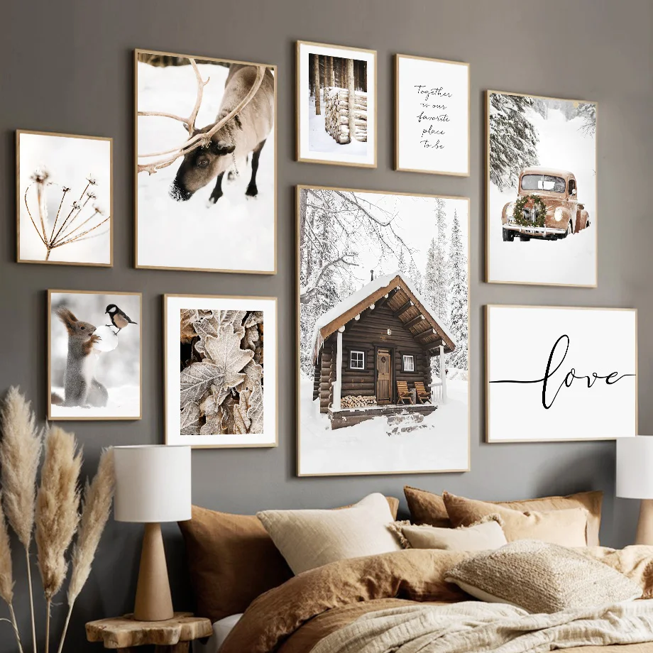 

Зимняя снежная сцена дом листья белка Лось стена художественные плакаты принты искусственный пейзаж картины для гостиной