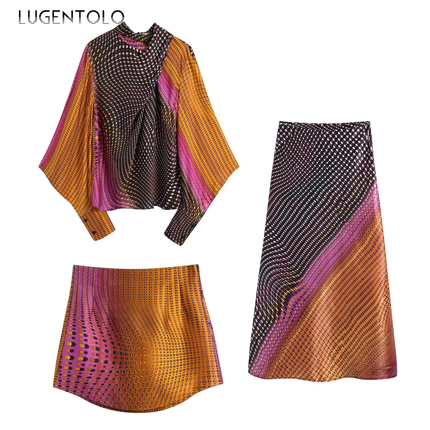 

Women Skirt Blouse Sets Loose Shirt with Knotted Collar High Waist Skirt Polka Dot Short and Long Skirt Lady Elegant Sets