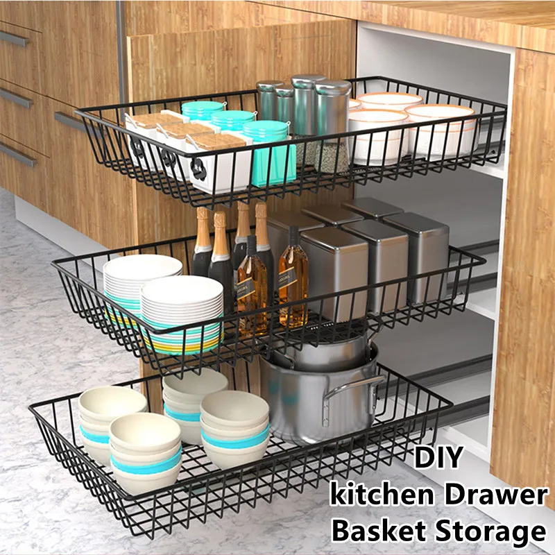 

Out Sliding Diy Drawer Cupboard Cabinet Organizer Storage Black Basket Mesh Basket Basket Pull Type Kitchen Drawer Shelf