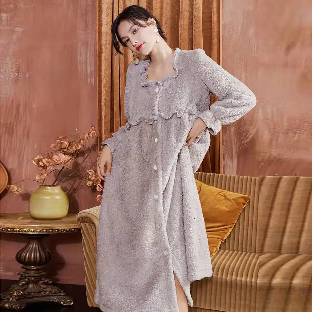 

Халат женский флисовый, длинная ночная рубашка, фланелевая одежда для сна, элегантная Домашняя одежда кораллового цвета, ночная рубашка во французском стиле, Осень-зима