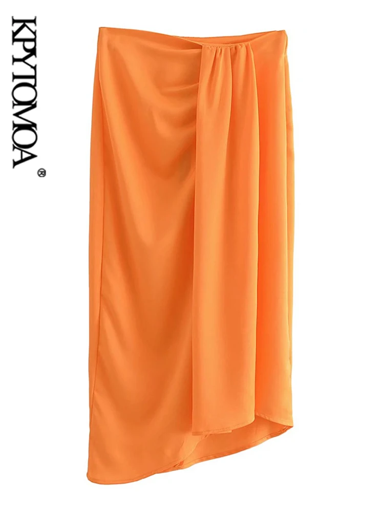 

KPYTOMOA Women Fashion With Gathered Slit Hem Midi Skirt Vintage High Waist Back Zipper Female Skirts Mujer