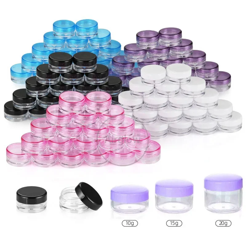 50 adet boş 2g-20g seyahat küçük renkli kapaklar şeffaf plastik kozmetik Pot kavanoz kapaklı yüz kremi dudak balsamı kapları