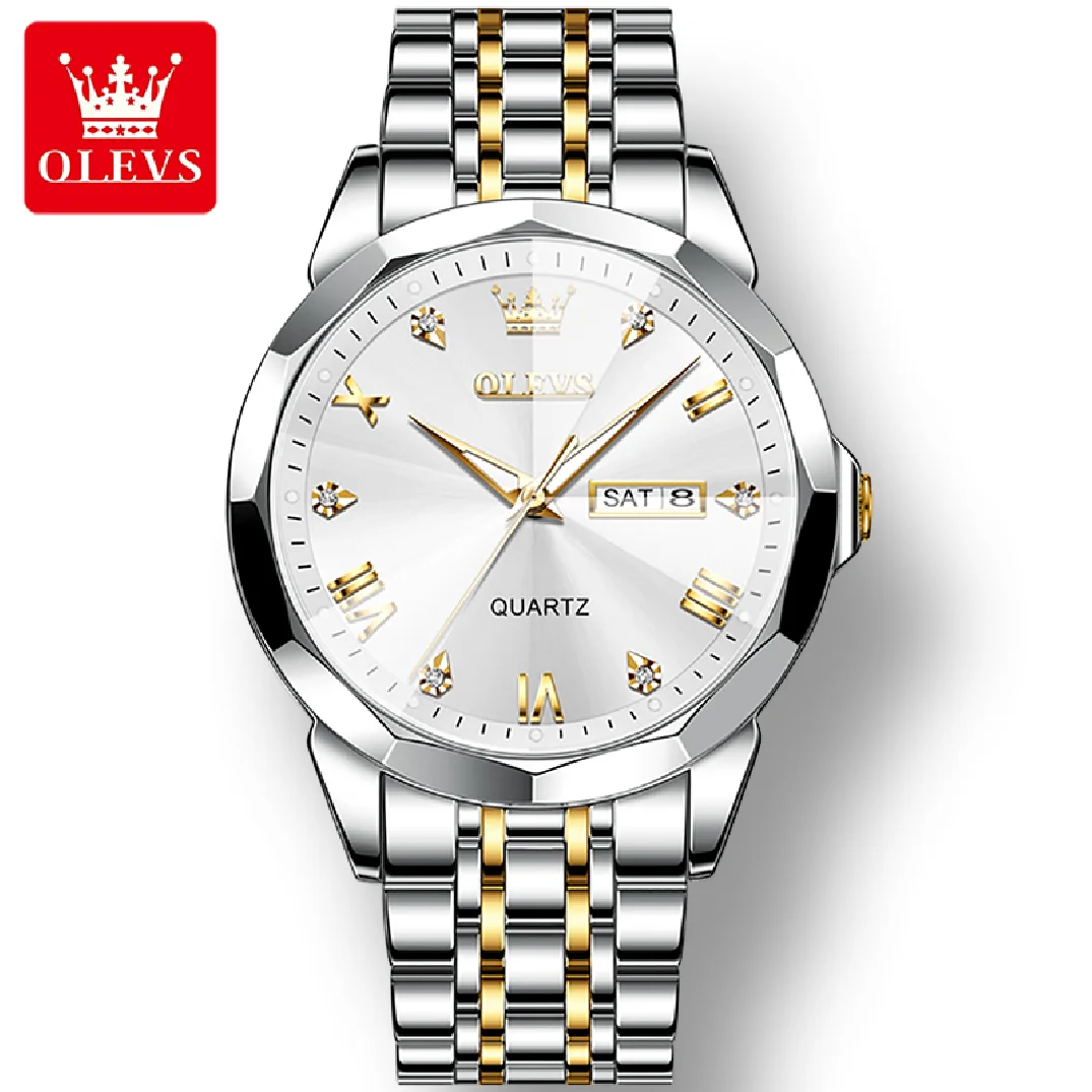 

OLEVS 9931 Stainless Steel Strap Waterproof Watch for Men Business Dual Calendar Luxury Diamond Dial Quartz Men Wristwatches