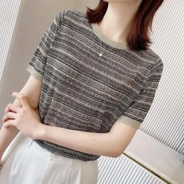 Женская футболка из ледяного шелка с короткими рукавами лето 2023 новый стиль