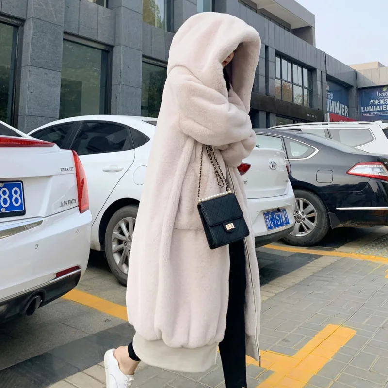 High Quality Hoodies Long Pink Faux Fur Coat Oversized Thicken Elegant Rabbit Fur Women Winter Coat  Size Female h Coats
