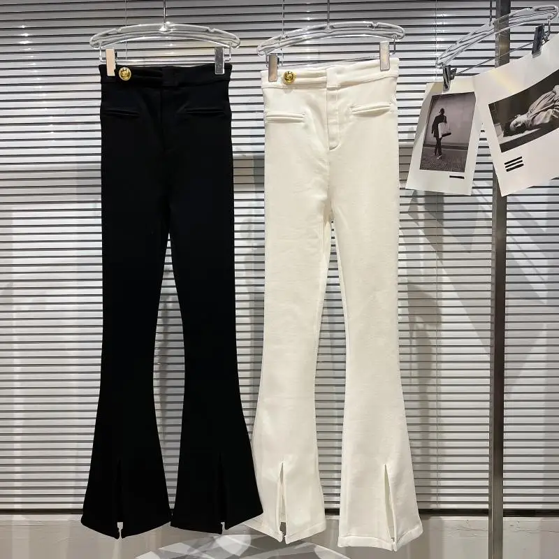 

High Quality Newest Fashion 2022 Designer Fall Winter Women Flare Pants Fleece Hem Slit Zippers Elasticity Black White Trousers
