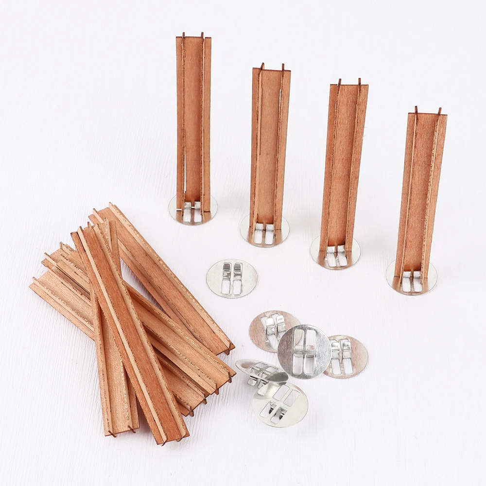 10Pcs/set Wooden Candle Wicks Cross Wooden with Iron Stands Candle Cores Round Smokeless Natural Aromatic Candle Making Supplies