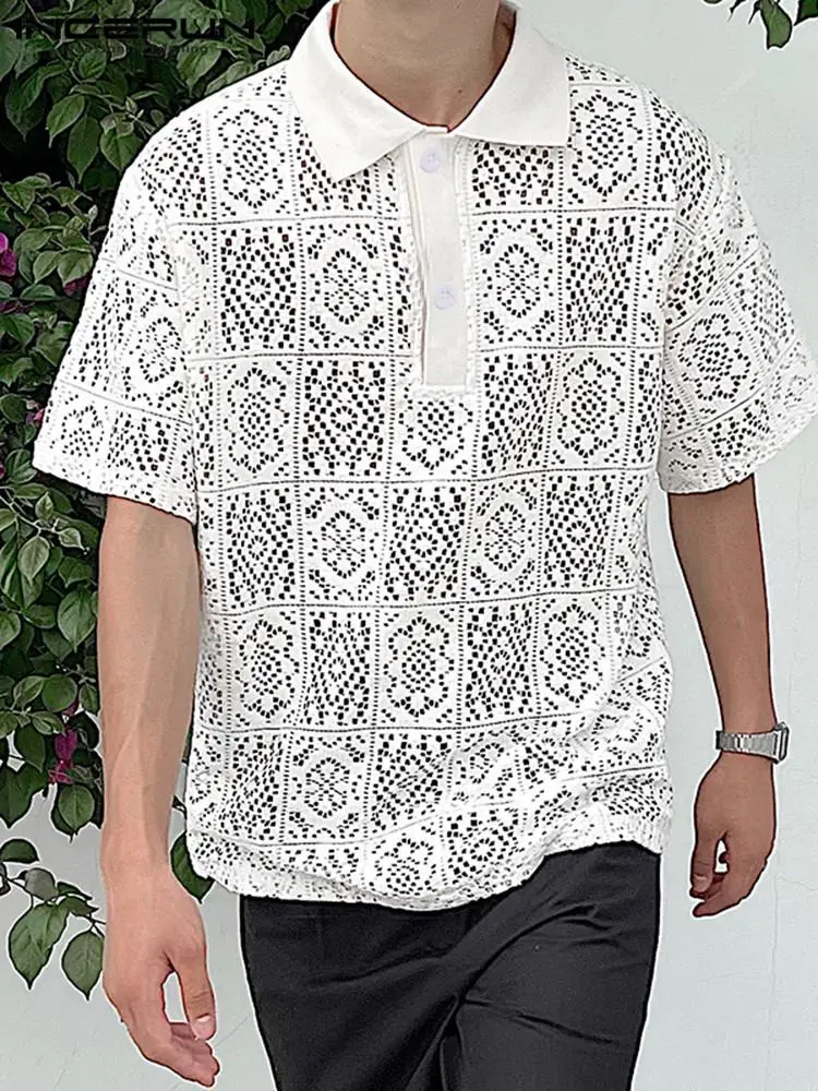 

2022 Men Shirt Lapel Short Sleeve Lace Hollow Out Sexy Streetwear See Through Camisas Fashion Casual Men Clothing S-5XL INCERUN