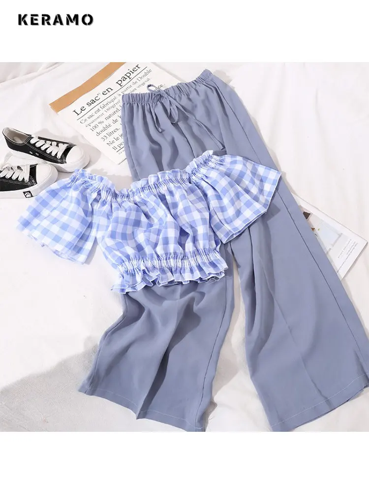 

Korean Fashion Casual Two-piece Set Women Summer off Shoulder Puff Sleeve Plaid Short Top+Elastic Waist Trousers Sets Pants Suit