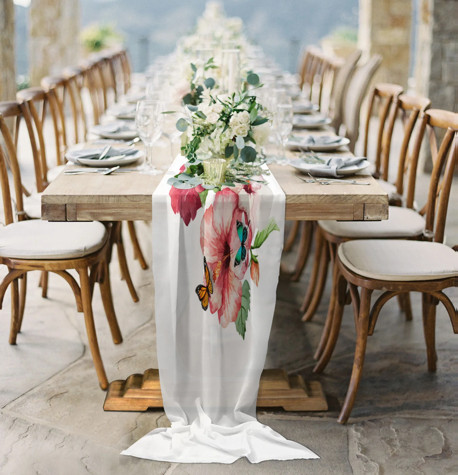 

Watercolor Flower And Butterfly Sheer Chiffon Table Runner Wedding Party Birthday Luxury Voile Tablecloth Home Decoration