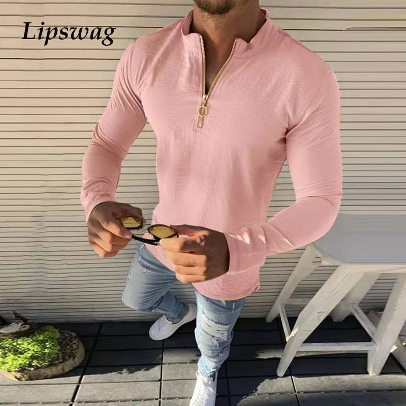 

2022 Spring Fashion Mens Polo Shirt Streetwear Men Solid Slim Polo Shirts Casual Long Sleeve Zipper Turndown Collar Top Pullover