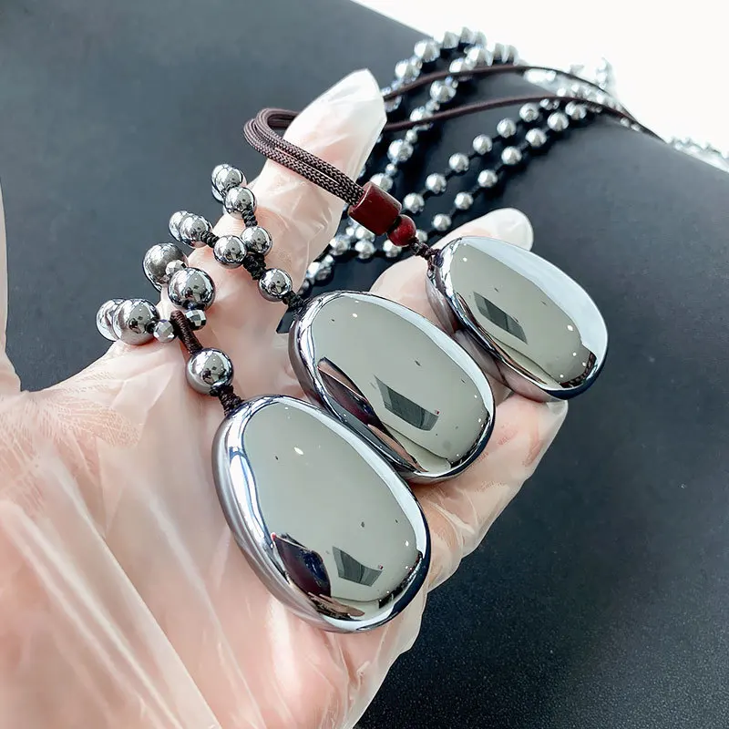 Natural Terahertz Wave Crystal Round Beads Necklace 42x28mm Chain Women Men Drop Shipping AAAAA