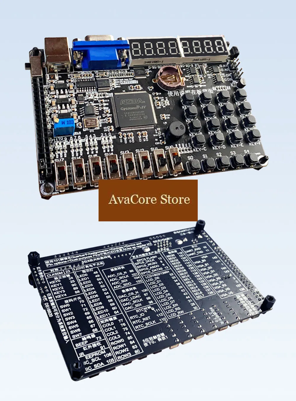 Фото Учебная плата AvaCoreEDA FPGA DEMO Altera EP4CE6 с USB Blaster, JTag, TTL, VGA, DAC, ADC, клавиатурой и термометром. №2
