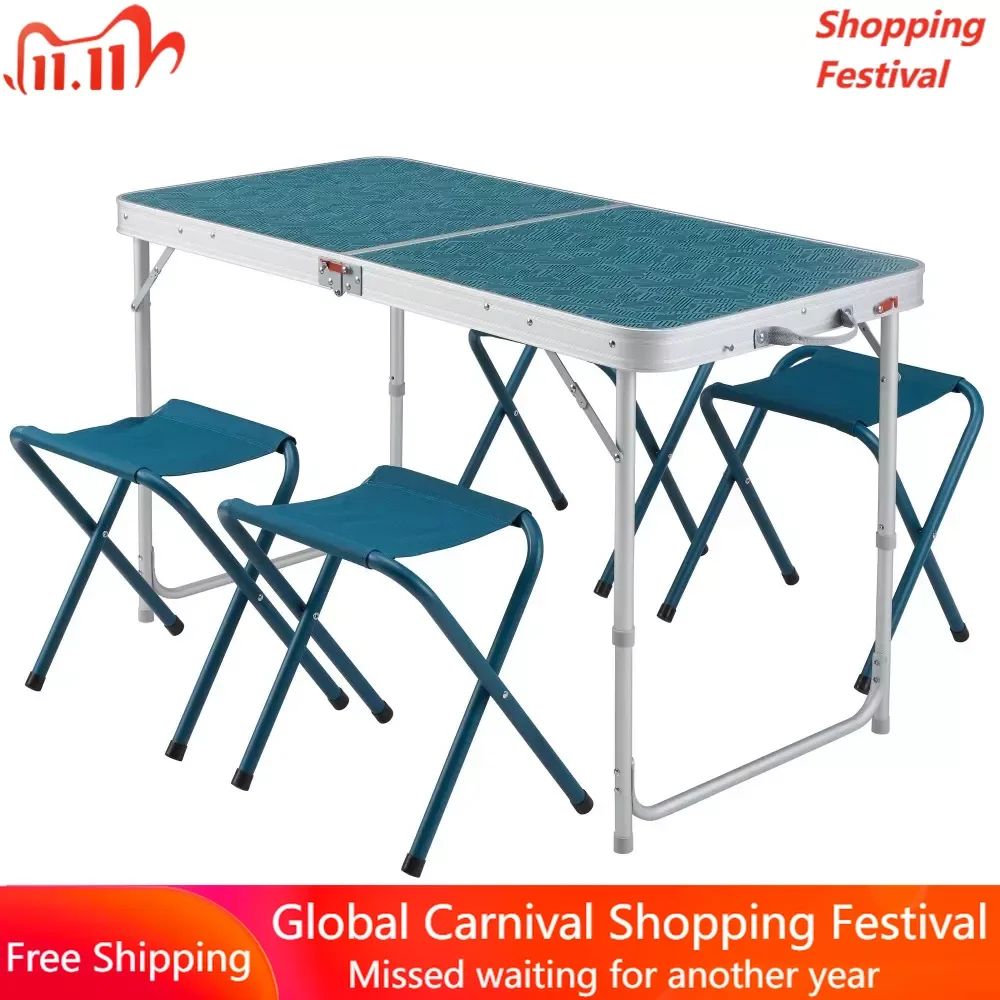 

4 Chairs Folding Table Quechua Blue Foldable Camping Table Portable Folding Tables Tourist Outdoor Furnishings Hiking Sports