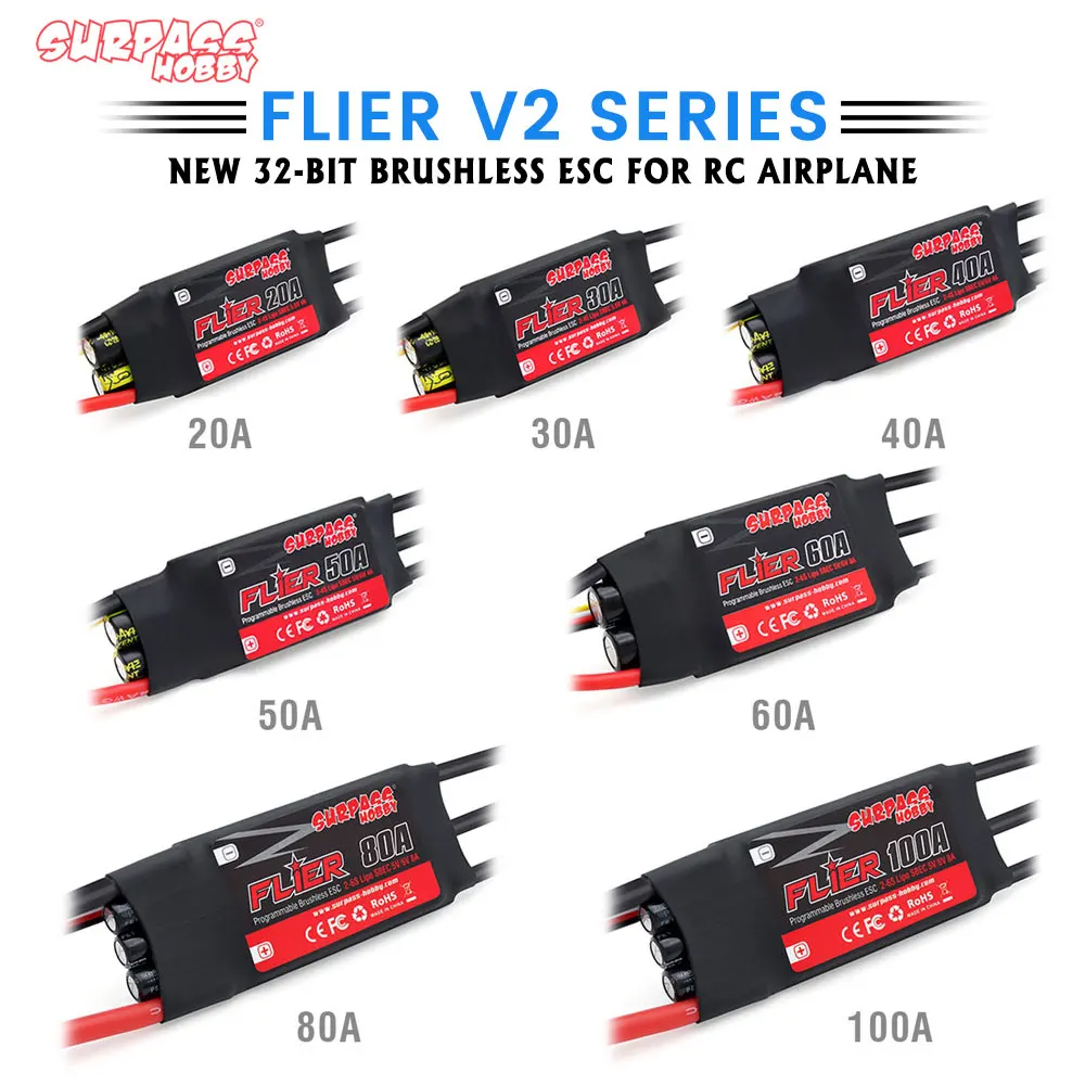 

SURPASS HOBBY RC Brushless ESC Speed Controller 20A 30A 40A 50A 60A 80A 100A 2-6S with Switchable BEC for RC Fixed-wing Airplane