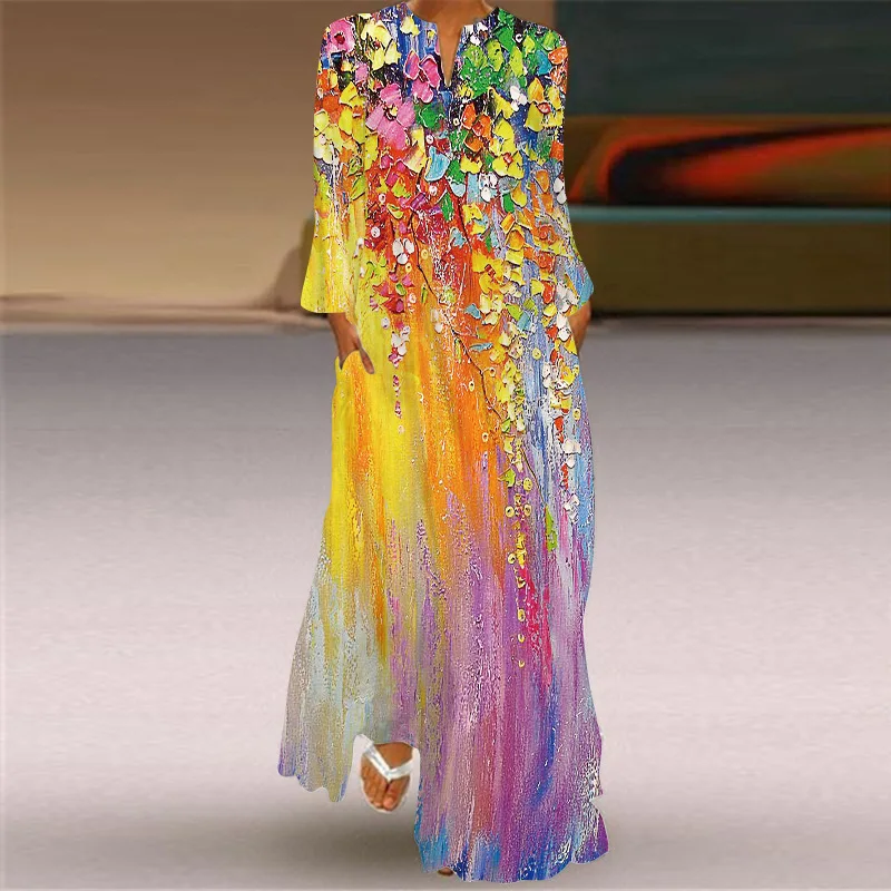 

Autumn and Winter Fashion New Women's Printed Long-sleeved Dress Small V-neck Loose and Thin Long Dress