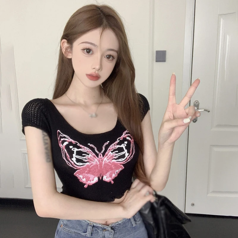 

Casual Top Round Neck Short-Sleeved Spring Fashion Exposed Navel Short Style