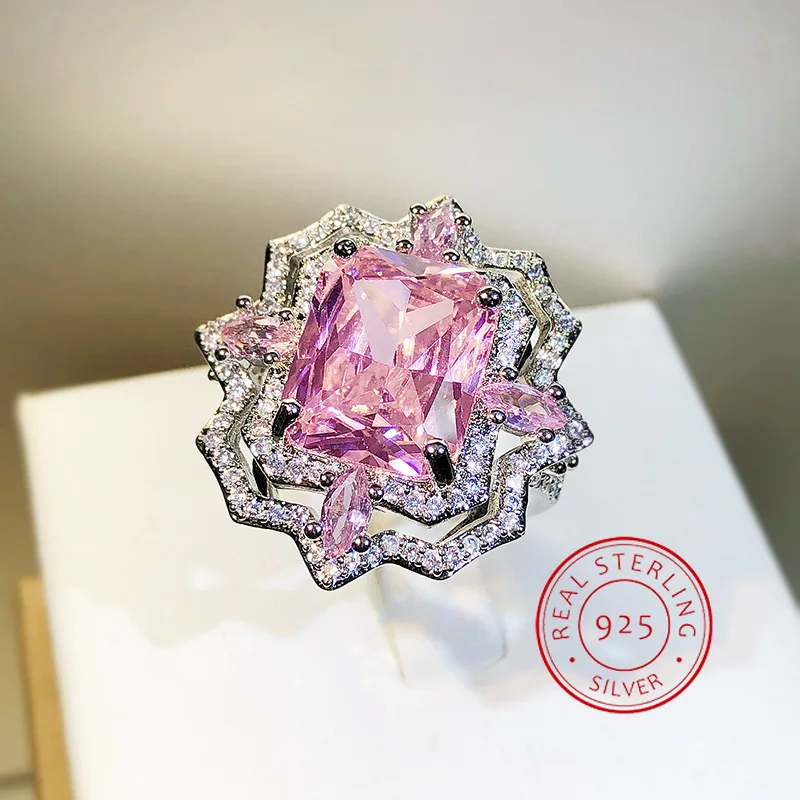 Изысканное розовое кольцо с ледяным цветком для девушки AAA Сверкающее