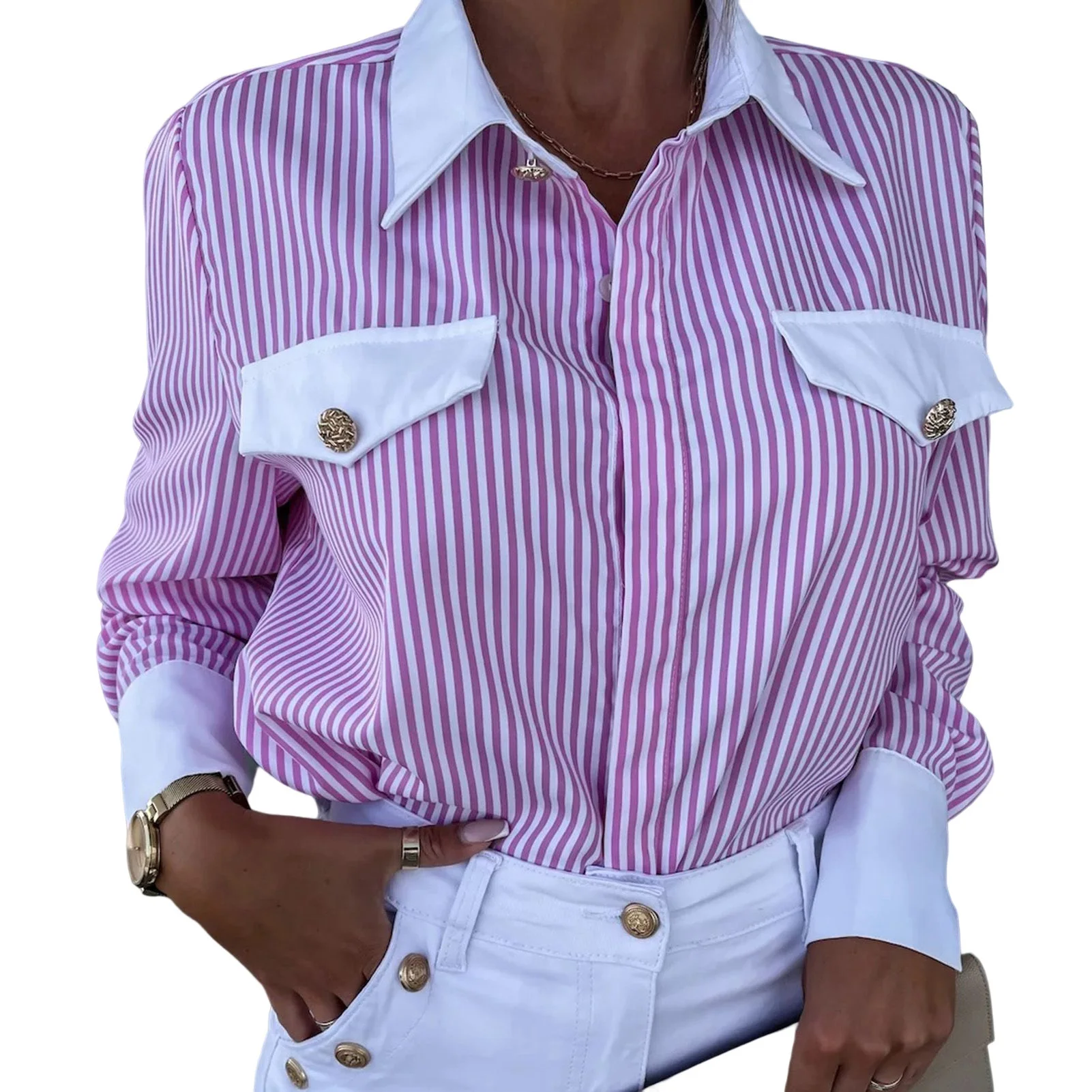 

2023 independent station wish Amazon hot style spring V-neck decorative bag button striped blouse shirt women's clothing NOV99