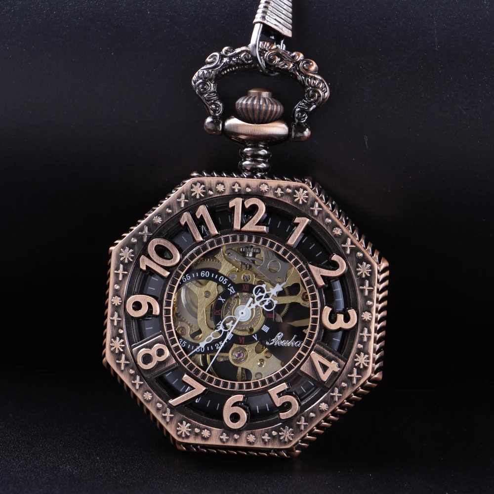 Red Antique Digital Hollow out Mechanical Pocket Watch High Quality Unisex Necklace Pendant Jewelry Gift for Men and Women