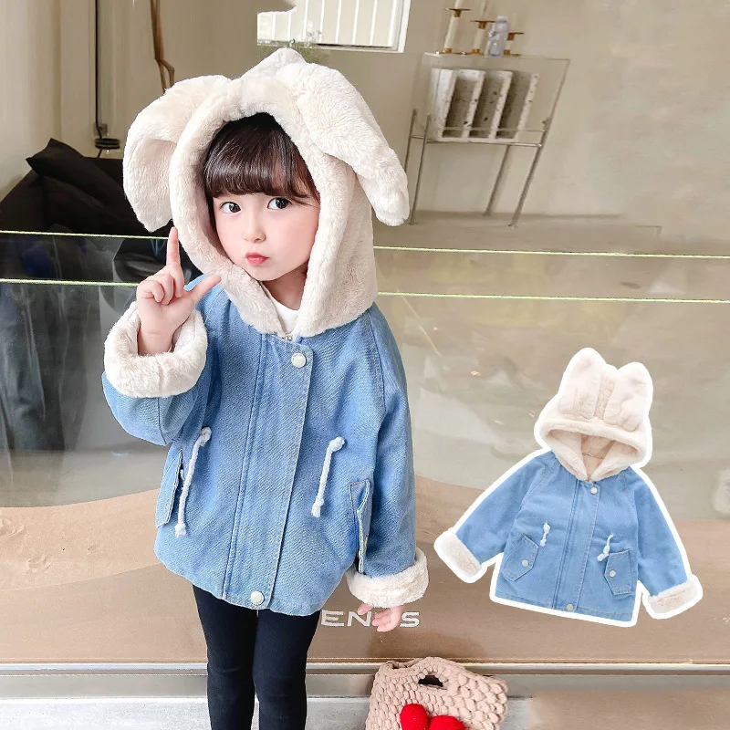 

Baby Girl Deinm Jacket Winter Toddler Kids Faux Fur Hooded Fleece Warm Denim Coat 1-10Years Children Thick Outwear Coat Overcoat