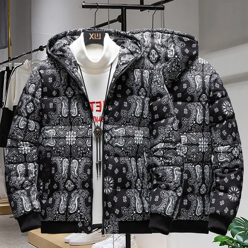 Winter Down Jackets Coat Parka Bandana Paisley Pattern Harajuku Hip Hop Hooded Jackets for Men Outwear Windbreaker Streetwear