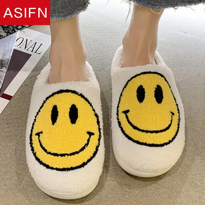 ASIFN Smiley Women's Fur Slippers Cute Big Smile Floor Mules Short Plush Fleece Female Flat Shoes Ladies Indoor Fluffy Slippers