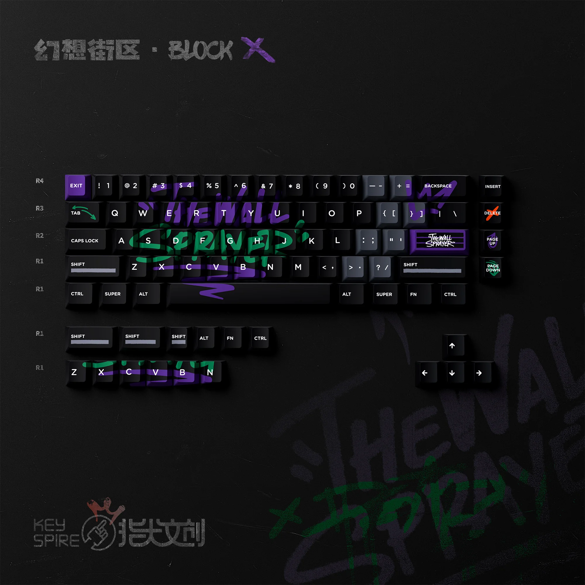 Набор клавиш KeyTok Block X Dye Subbed PBT для клавиатур 87 TKL, 104 ANSI, EV63, Wooting 60 V2, EV63, матовый, с эффектом мягкого прикосновения, граффити-дизайн (art.: 3920db2848dfc) - 3920db2848dfc