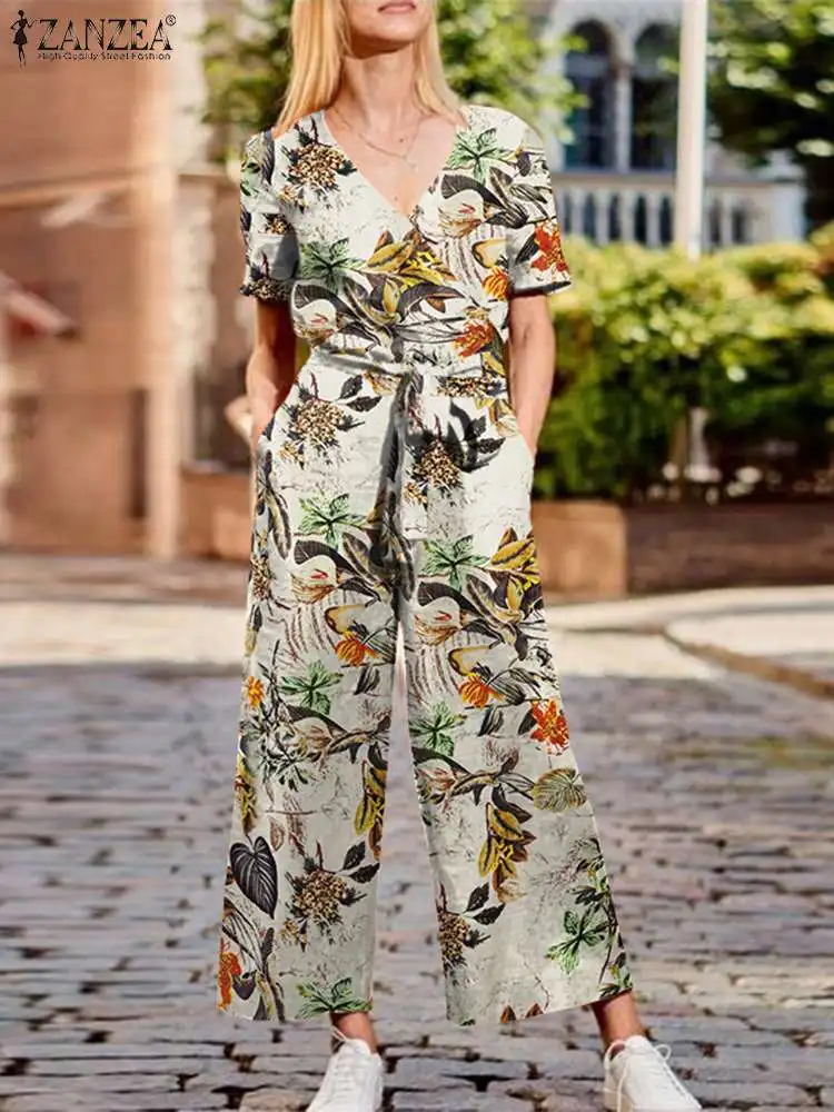 

ZANZEA Women Summer Floral printed Jumpsuits Side Pocket V-Neck Short Sleeve Belt Playsuits Bohemian Vintage Holiday Dungarees