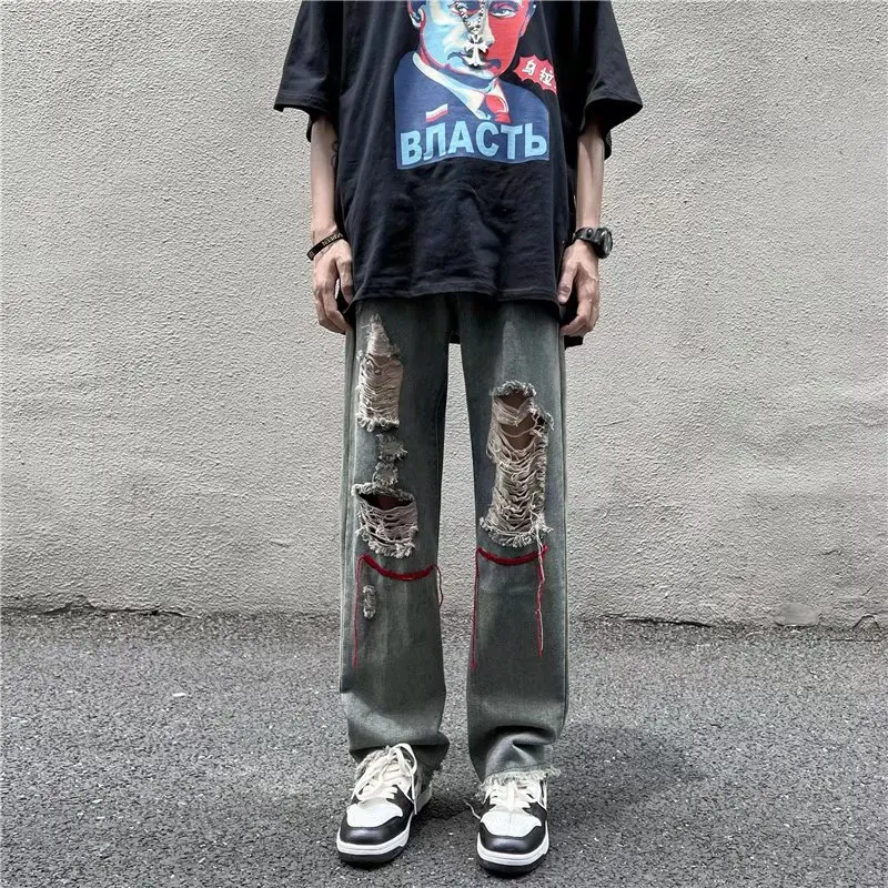 High Street Ripped Jeans Straight Ins Tide Brand Casual Loose Trousers Pants Men and Women Y2k Harajuku printed Cargo Jean