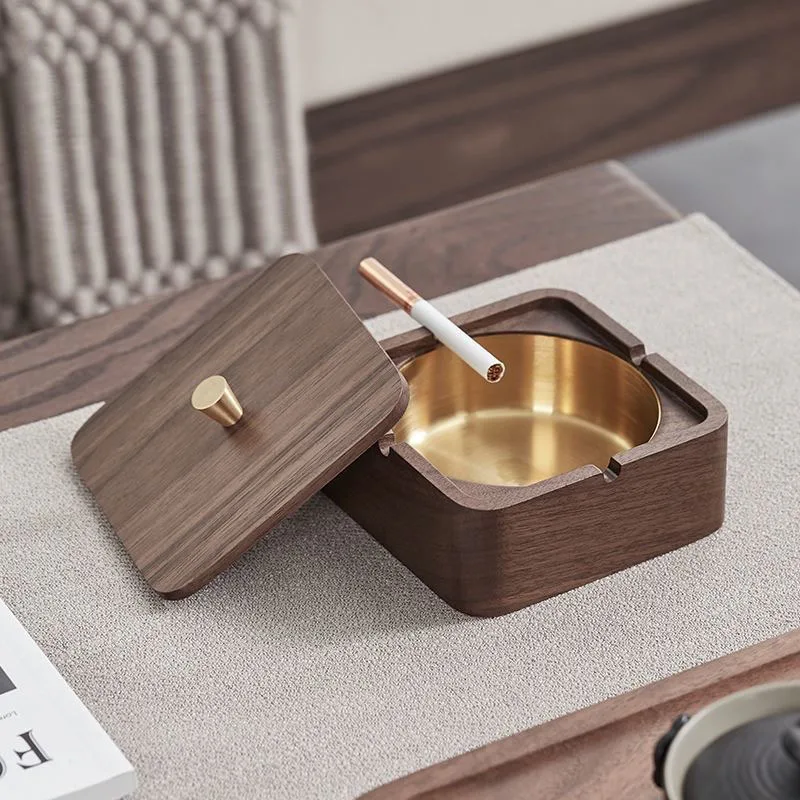 

High Quality Wood Ashtrays Brass Smoking Ash Tray Cigarette Holder Desktop Storage Organizer Office Home Ornaments Men Gifts