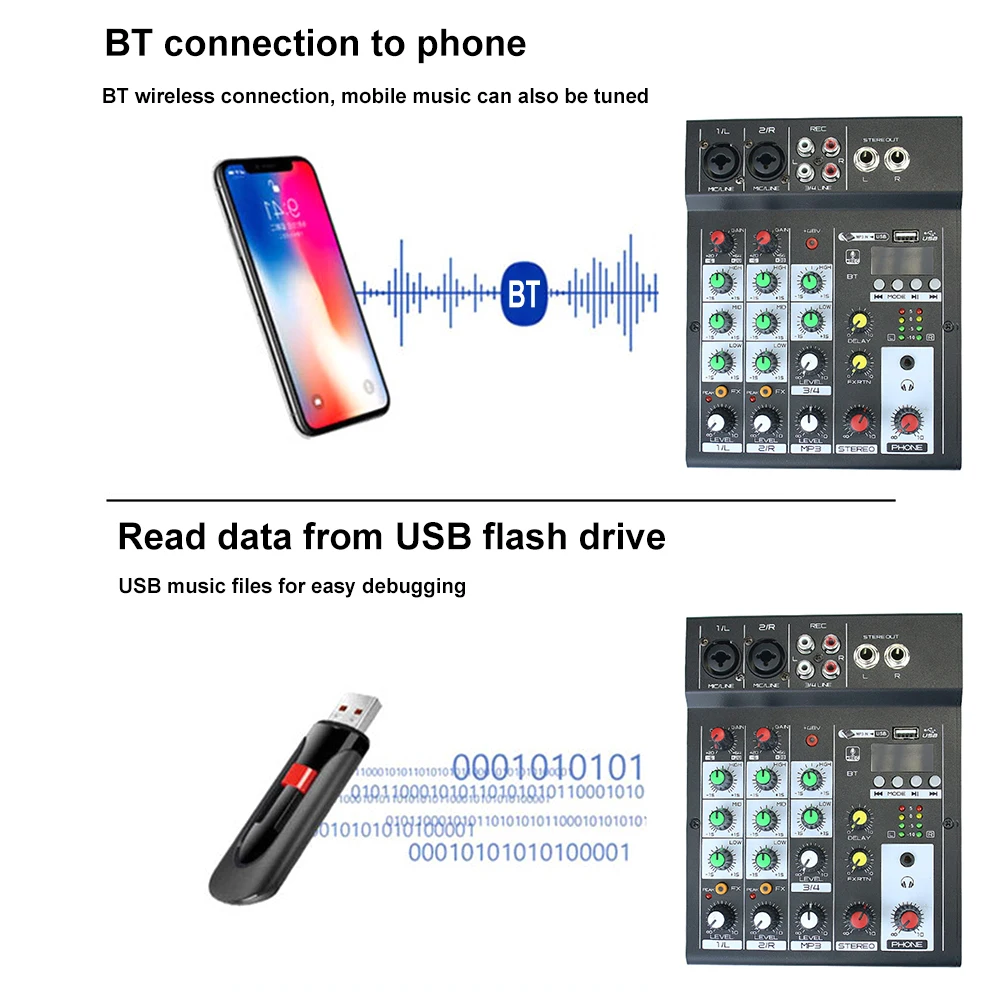4-Channel DJ Sound Controller Mini Mixer Portable Small Mixing Sound Card Bluetooth-compatible for Home Karaoke Music Recording