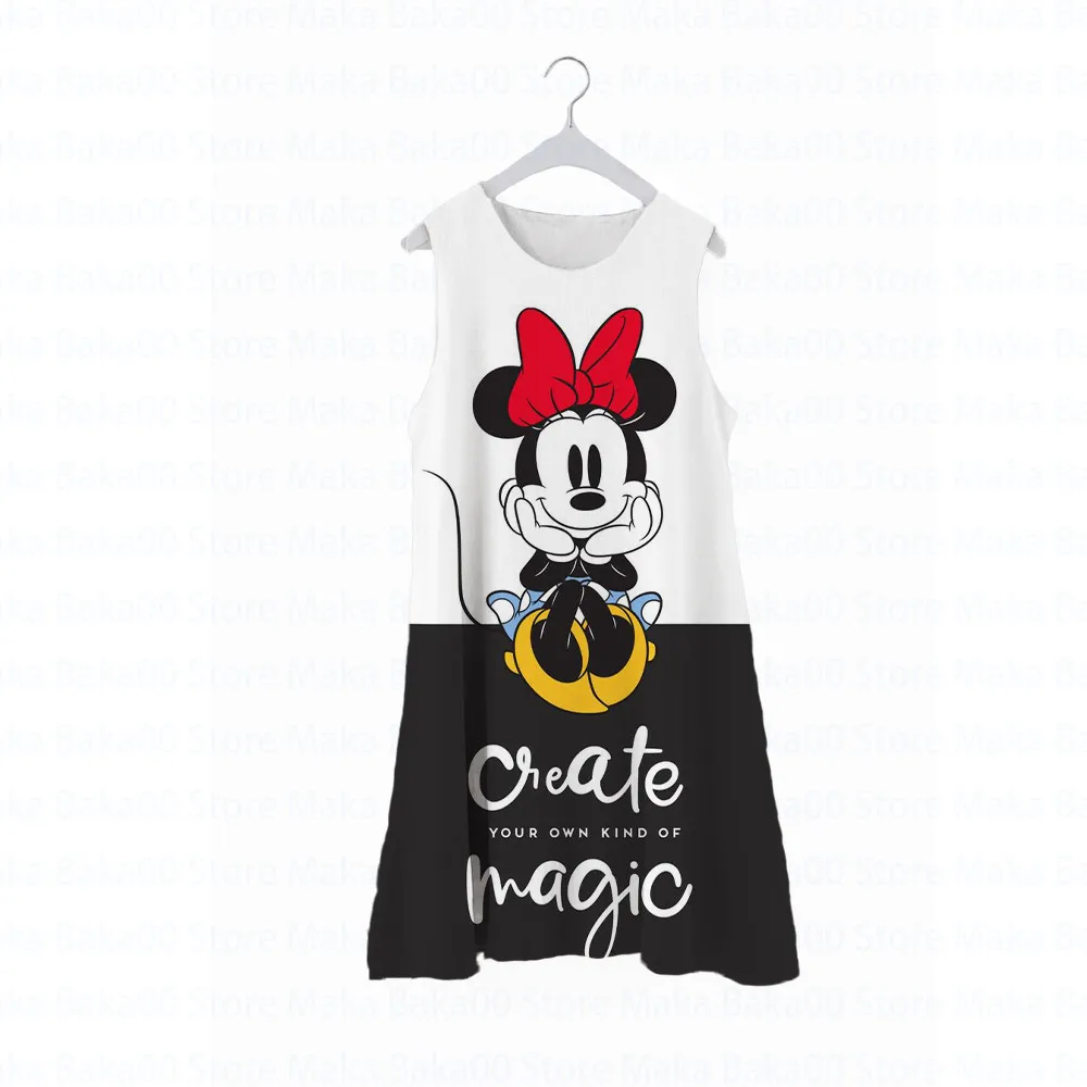 Купи Summer New Casual Loose Fashion Princess Dress Print Disney Mickey Cartoon Round Neck Sleeveless Girls Clothing Dress за 235 рублей в магазине AliExpress
