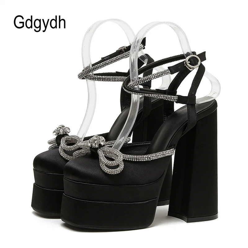 Gdgydh Platform Heels for Women Closed Toe Block Heels Rhinestone Heeled Sandals Bow Ankle Strap Buckles Dress Women Pumps