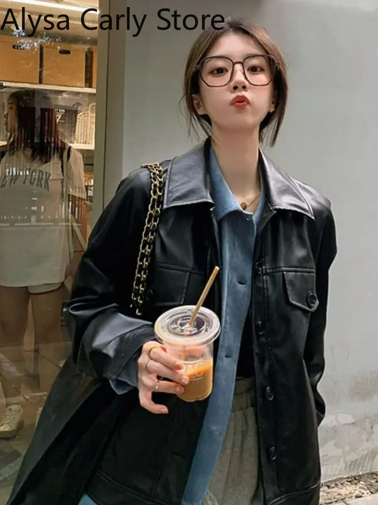 

Black Vintage Leather Jacket Women Korean High Street Loose Thin Biker Coat Female 2023 Autumn Outwear Single Breasted Chic Tops
