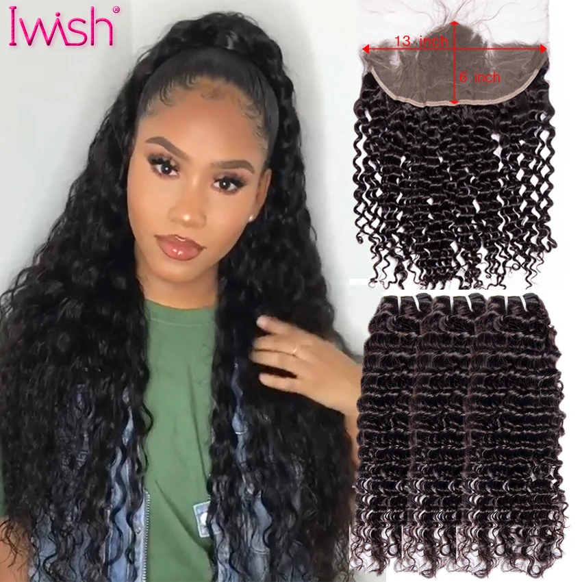 

Человеческие волосы, глубокая кудрявая волна, пряди с закрытием, Iwish волосы для наращивания, 13x4 HD, кружевные пряди с фронтальным фронтом, 6x6, б...