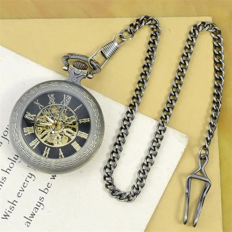 Luxury Mechanical Sliver Pocket Watch for Men Women Hollow Skeleton Dial Roman Dial Fob Chain Pendant Clock for Collection Gift