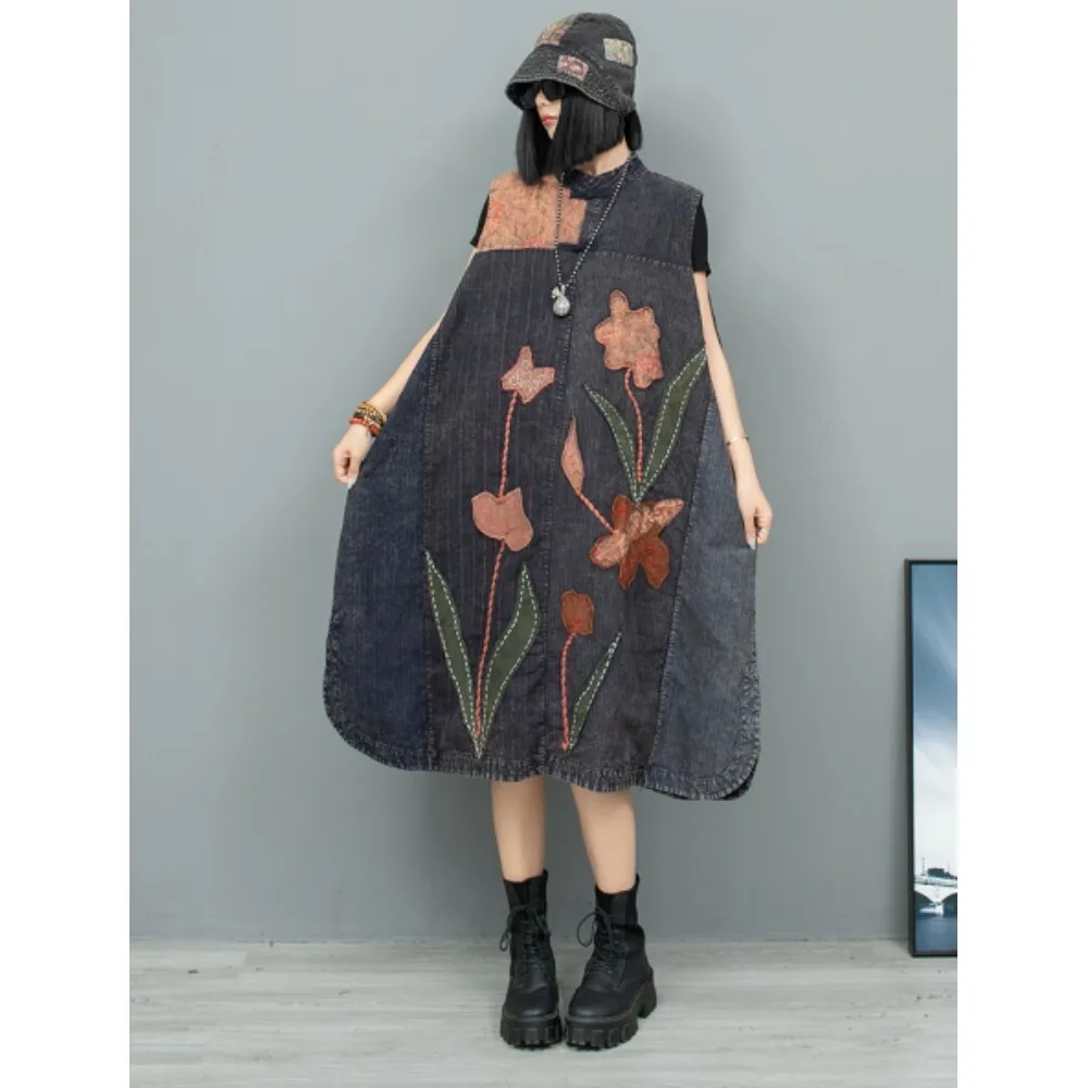 Платье на пуговицах из старой ткани с цветочной вышивкой ручной работы