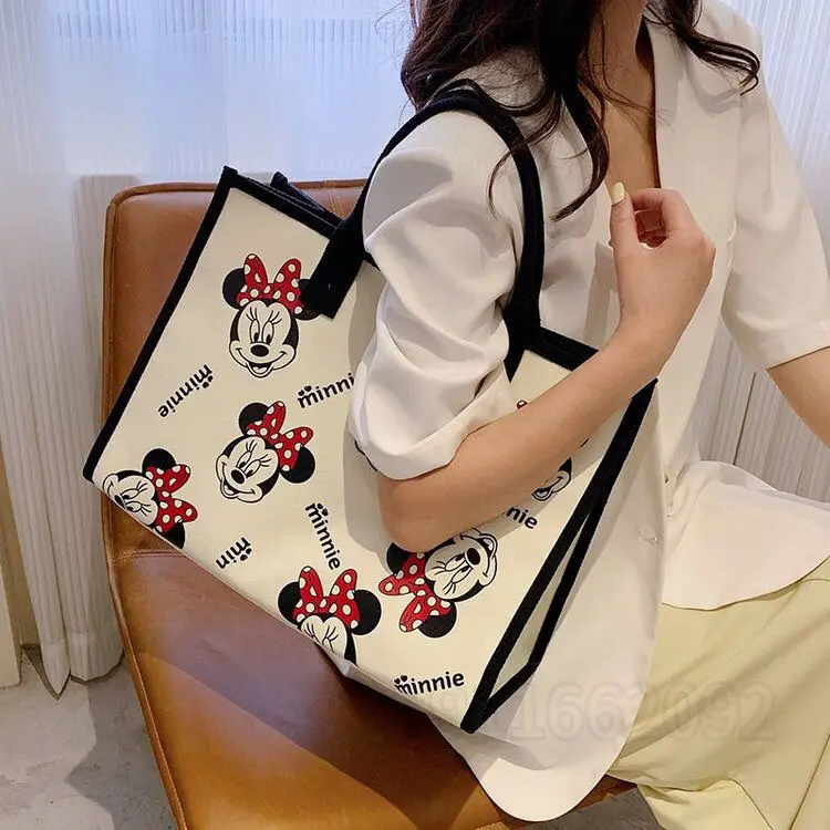Disney Minnie 2022 New Women's Handbag Luxury Brand Fashion Women's Shoulder Bag Cartoon Cute Canvas Large Capacity Shopping Bag