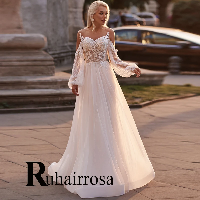 

Ruhair Generous Beading Crystal Pearls Wedding Dresses Tulle Illusion For Women Appliques Lace Robe De Mariée Formal Brides Gown