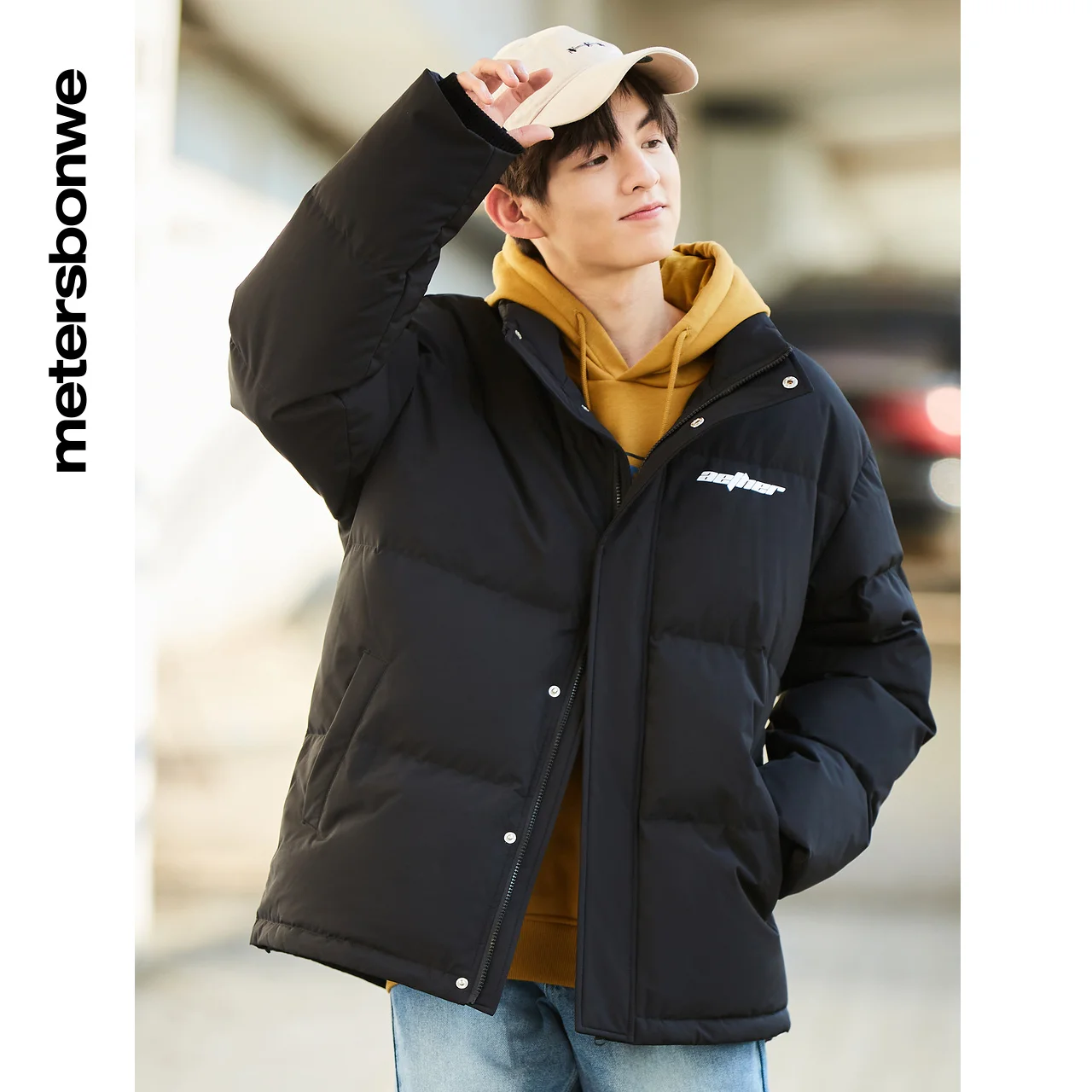 Metersbonwe Men's Solid Color Down Wear Loose 80% Duck Down Windproof  Stand Collar Warm Wear Winter Letter-Printed Down Coat