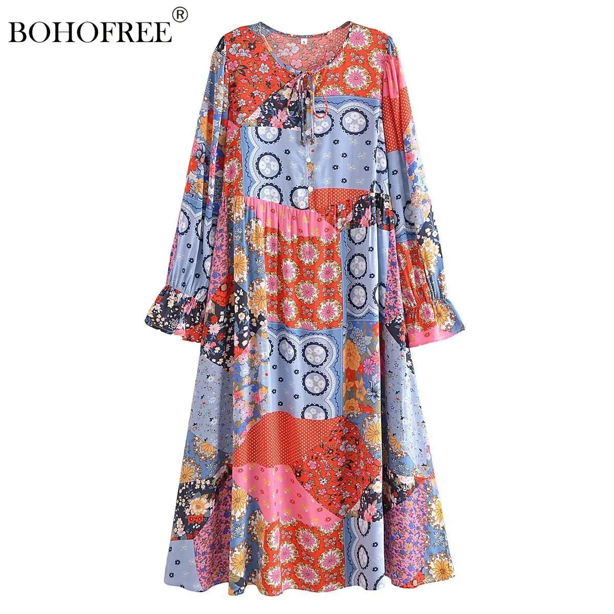 

Винтажное шикарное платье миди в стиле бохо, богемное платье, повседневная женская пляжная одежда, осенние платья с длинным рукавом, платье ...