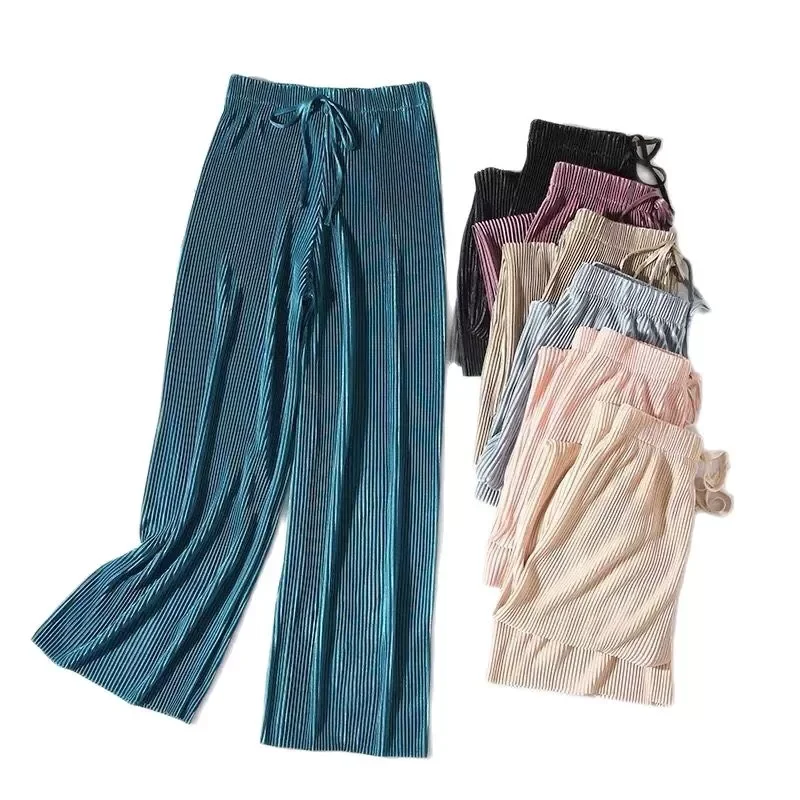 

women summer wide leg pants spring autumn solid black blue casual fashion pleated loose pant trousers
