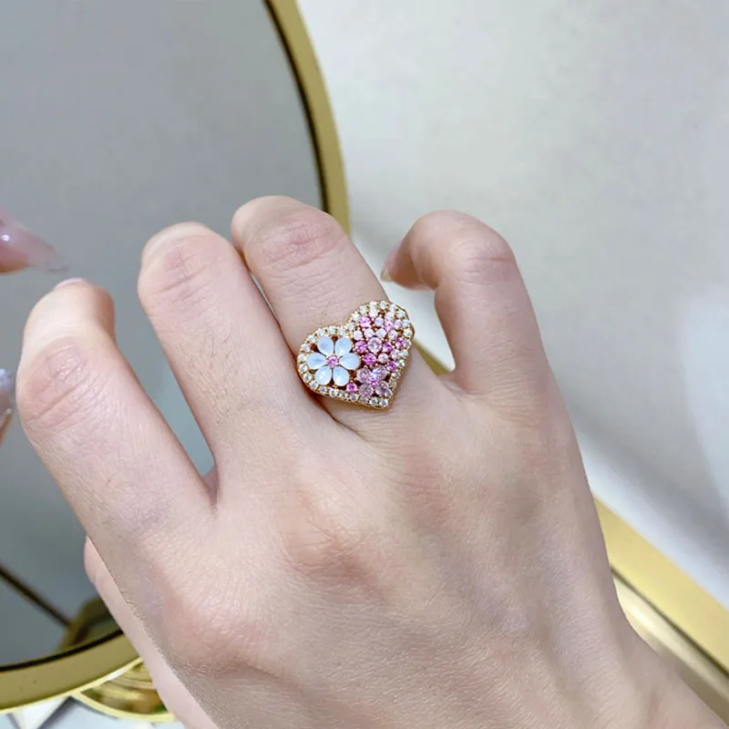 Фото CAMEO розовое и белое кольцо с бриллиантом Beimu Flower Love Heart для женщин, серебро 925 пробы, позолоченное, элитные ювелирные изделия, подарочные аксессуары №5
