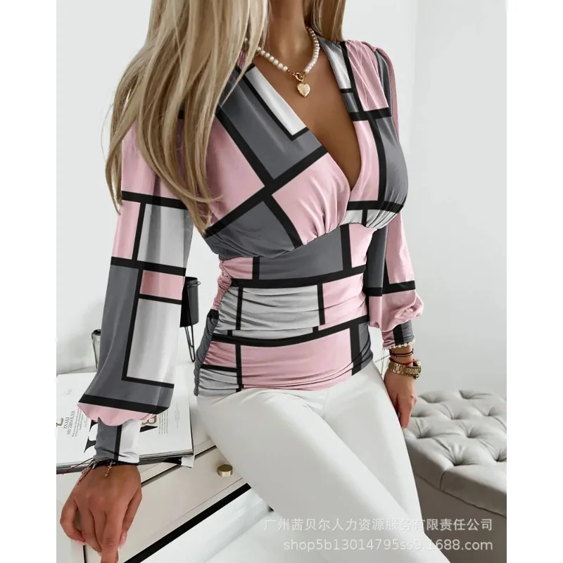 

Женский топ с V-образным вырезом, повседневный Удобный Универсальный плиссированный топ с принтом в клетку, весна-лето 2023